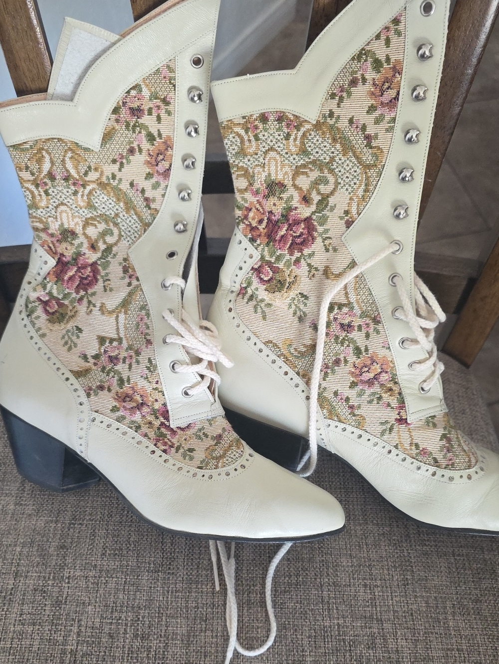 Ivory Floral Tapestry Lace-Up Women's Boots